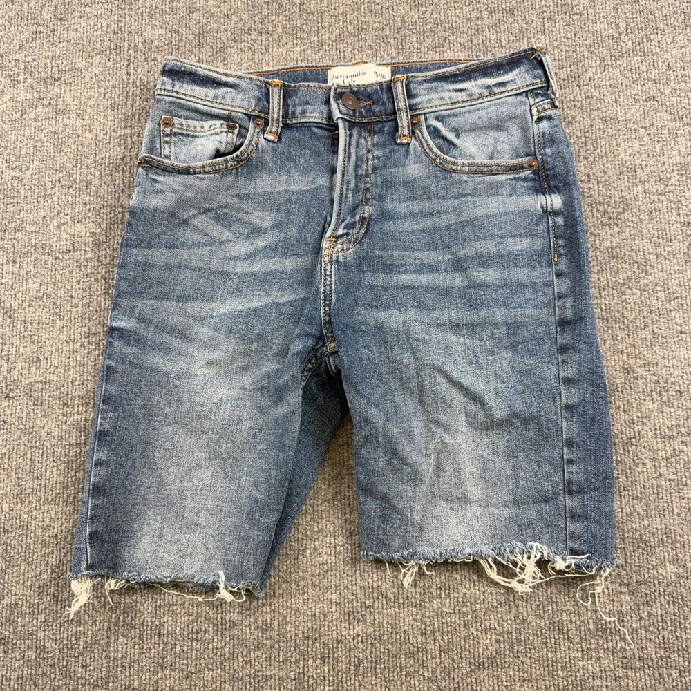 Abercrombie Kids Shorts Boys 15/16 Blue Denim Bermuda Raw Hem Distressed Casual